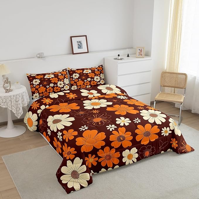 70s Groovy Flowers Bedding Set King Size,Hippie Retro Farmhouse Plant Comforter Set Room Decor for Couple,Brown White Yellow Floral Microfiber Down Comforter,2 Pillowcases