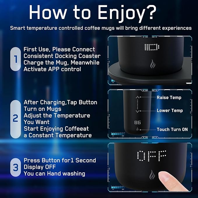 LEGARDLILIU Temperature Control Heated Coffee Mug Smart Self Heating Travel Mug 12 Oz App Controlled Warmer Mug 4-10 Hour LED Display Keep Coffee Hot Fast Wireless Charger Base Iron Black
