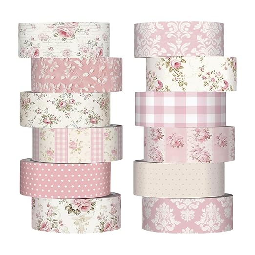 YooNotee 12 Rolls Watercolor Floral Washi Tape Set 15 mm Vintage Flower Decorative Masking Tape for Arts DIY Craft Scrapbook Envelope Party Supplies Gift Wrapping(Light Pink,Polka Dots and Floral)