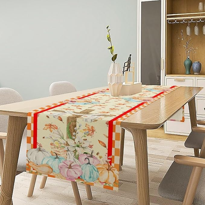 Watercolor Pumpkin Table Runner Fall Flowers Falling Leaves Cross Harvest Season Thanksgiving Rustic Home Decor for Farmhouse Indoor Outdoor Party Holiday Dining Kitchen Restaurant Cafe W13xL108in
