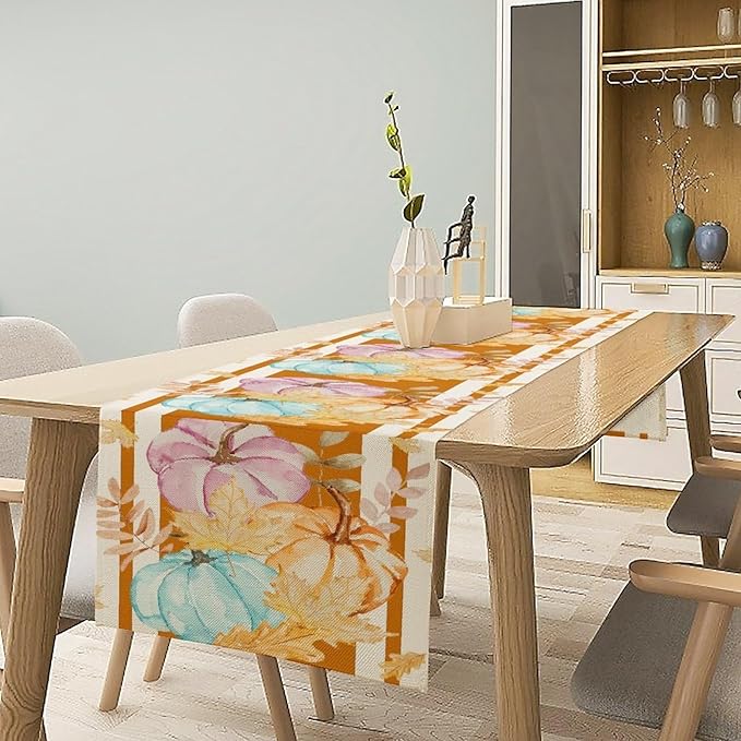 Watercolor Pumpkin Table Runner Rustic Farmhouse Autumn Plants Colorful Leaves Pastoral Harvest Theme Home Decor for Farmhouse Indoor Outdoor Party Holiday Dining Kitchen Restaurant Cafe W13xL90in