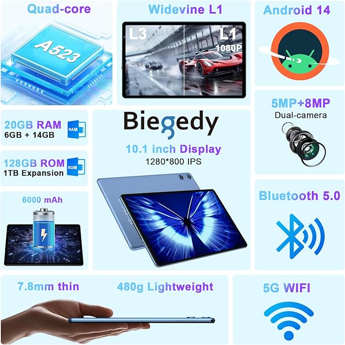 2025 Tablet, 10 Inch Android Tablet 20GB RAM+128GB ROM+1TB Expand, Octa-Core Android 14 Tablets with Keyboard, Mouse, HD IPS Touchscreen, 6000mAh, BT 5.0, WiFi 6, Widevine L1, Split Screen -Blue