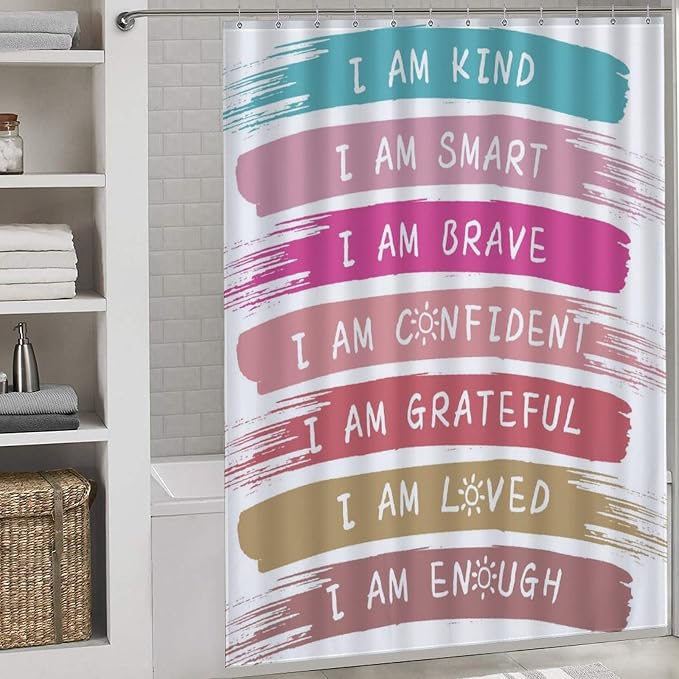 Rainbow Shower Curtain, Kids Girls Baby Boho Cute Inspirational Motivational Quotes Bohemian Cartoon Colorful Pastel Waterproof Fabric Bathroom Shower Curtain Set with Hooks, 72"x84" Inch