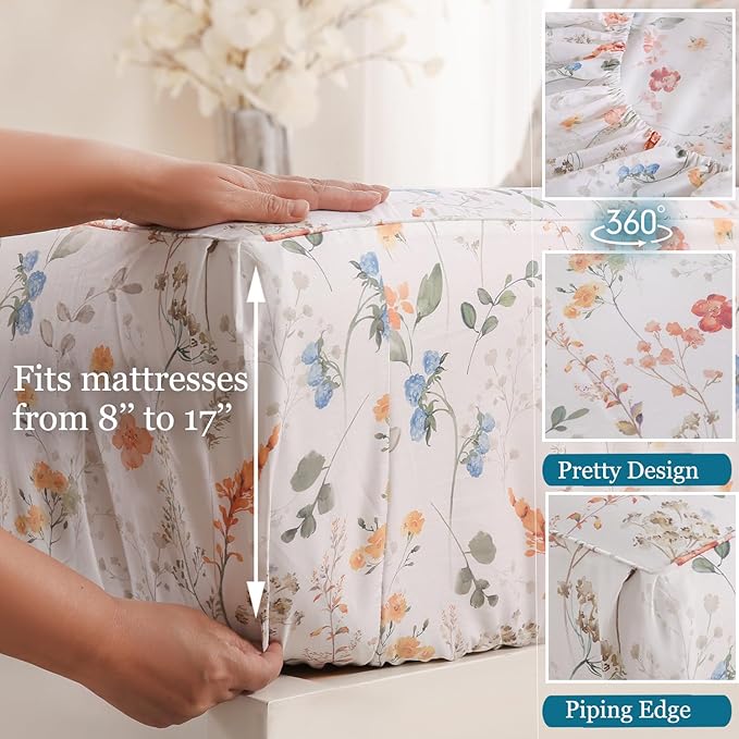 Zusbest Floral Bed Sheets Full Size Percale Cotton Orange Blue Flower Sheets Set Green Botanical Printed on White Patterned Deep Pocket Sheets, Crisp Soft Breathable for Hot Sleepers, 4 Pcs, Full