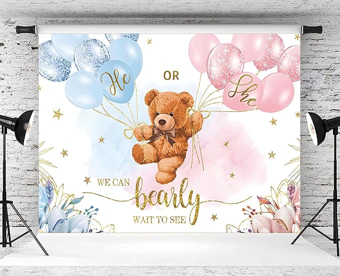 5x3ft Gender Reveal Backdrop Baby Bear Boy or Girl Photography Background Baby Shower Party Blue and Pink Banner Decorations Supplies Photo Booth Props