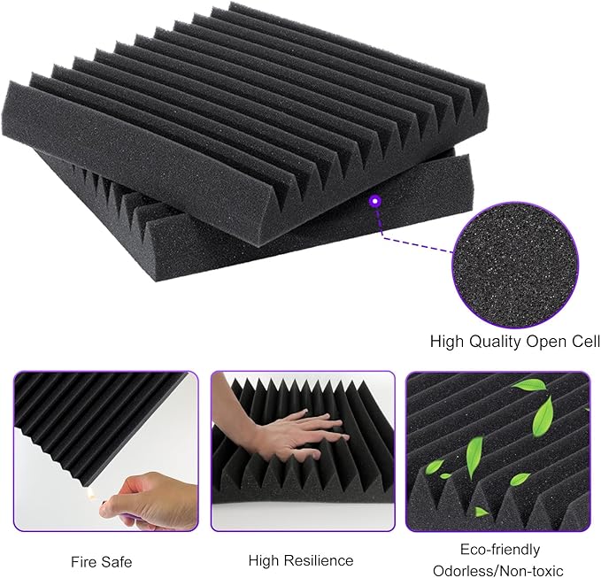 TroyStudio Thick Acoustic Foam Panels, 12 X 12 X 2 Inches 12 Pcs Wedge Sound Absorbing Foam, Dense Soundproof Padding Tile, Recording Studio Foam Absorber, Decorative 3D Wall Ceiling Panel