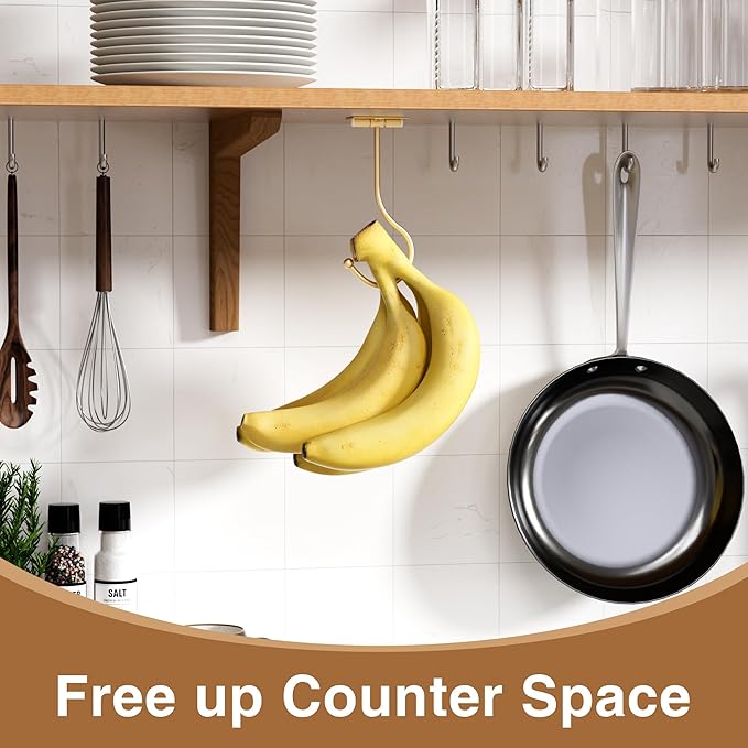 Gold Banana Hanger Hook Under Cabinet: Adhesive Banana Holder, Foldable with Magnets When Not in Use, Under Counter Banana Hook, Stainless, Hold 13 LB