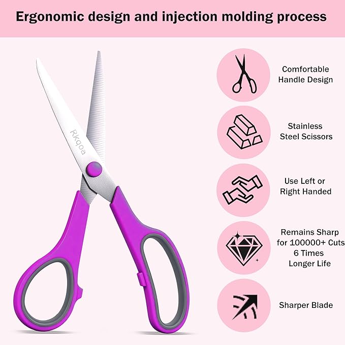 Scissors Set of 6-Pack, Rkqoa 8" All Purpose Scissors Bulk - Thick Sharp Shears for Office School Sewing Craft Fabric Supplies, Classroom Must have, Teacher/Class Scissor, Right/Left Handles