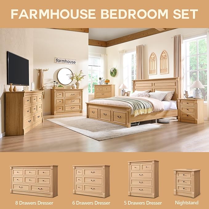 5 Drawers Dresser for Bedroom, Farmhouse 46" Tall Dressers & Chests of Drawers w/Roman Column, Wood Rustic Closet Dresser w/Two Different Drawer Sizes for Bedroom, Living Room, Natrual