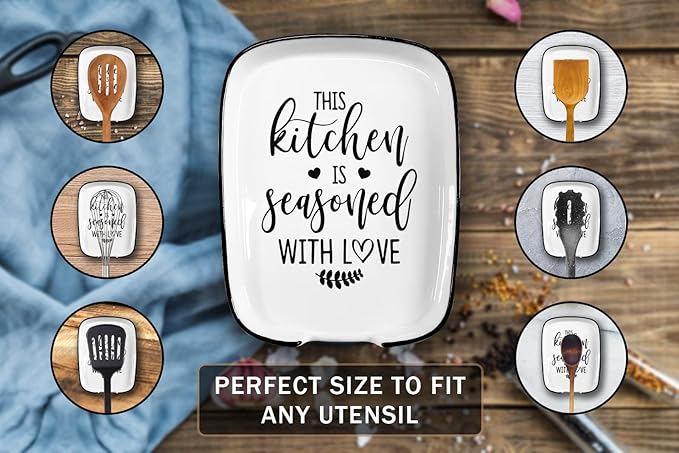 Ceramic Spoon Rest for Kitchens Stove Top Counter, Funny This Kitchen is Seasoned with Love White Spoon Holders for Chef, Mom, Grandma, Modern Farmhouse Kitchens Cute Decor Gift