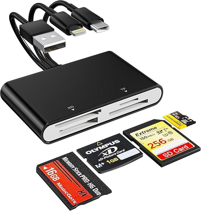 Memory Stick Pro Duo Adapter - 4-in-1 Lightning/USB-C/USB-A Multi Memory Card Reader for SD/Micro SD/MS/xD-Picture-Card, Sony Cybershot Memory Stick Pro Duo Adapter for iPhone/Android/PC