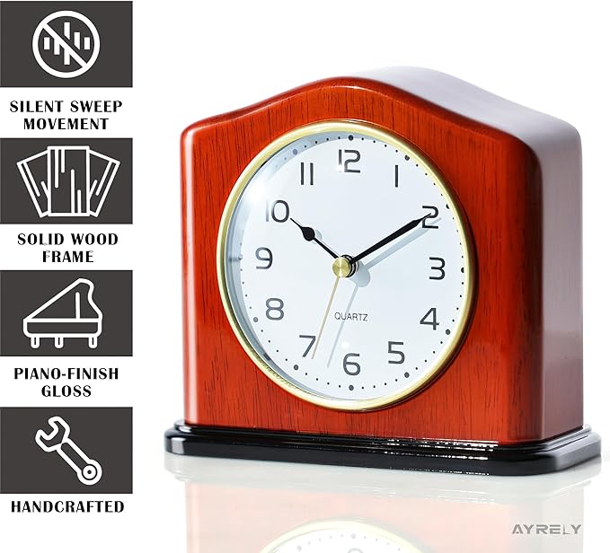 AYRELY® Mantel Clock, Handcrafted Solid Wood Desk Clock with Silent Movement, Piano-Gloss Finish, Elegant Table Clock for Fireplace, Bedroom, Office & Gifts
