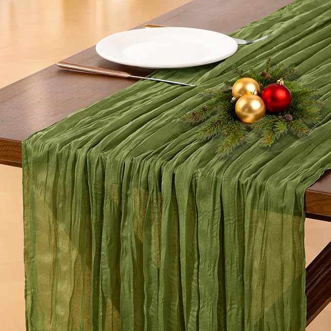 Socomi Olive Green Fall Thanksgiving Cheesecloth Table Runner Boho Rustic Gauze 120 inch 10FT Cheese Cloth Runner for Wedding Party Baby Shower Birthday Home Decor Holiday Decorations