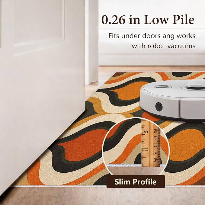 Retro Wave Area Rug 3x4, Mid-Century Modern Geometric Rug, Orange Brown Abstract Carpet for Living Room Bedroom, Soft Non-Slip Washable Rug