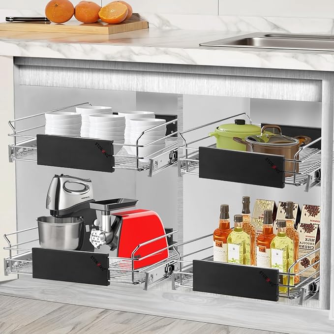 STORKING Expandable Pull Out Cabinet Organizer, Slide Out Drawers for Kitchen Cabinets, Heavy Duty Storage Drawers, Chrome Plated Cabinet Wire Shelf, Adjustable Width 12.5~20.2" W x 17.3" D