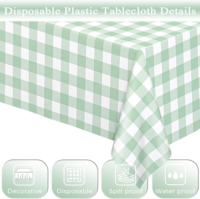 WNINK 3 Pack Sage Green Checkered Rectangular Plastic Tablecloths, Green Gingham Waterproof Disposable Table Covers 54" x 108" for Birthday, Baby Shower, Wedding, Outdoor Picnic Parties