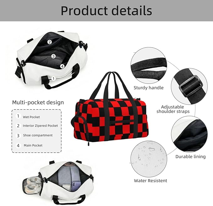 Checkered Flag Red Black Women'S Gym Duffle Bag With Shoes Compartment, Ideal For Travel, Gym, Sports, Duffel, Weekender