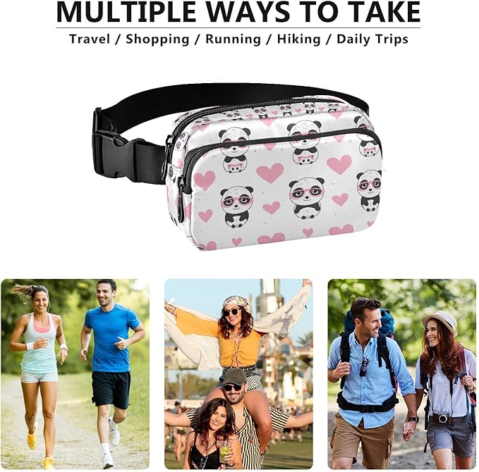 Kawaii Panda Pink Heart Glasses Fanny Pack for Women Men Water Resistant Fashion Waist Packs with Adjustable Strap Belt Bag for Travel Workout Jogging Hiking 21219057