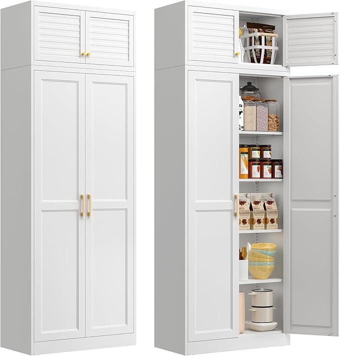 Kitchen Pantry Cabinet, 86 Inch Tall Metal Storage Cabinet, Metal Pantry cabinets with Doors and Shelves, White Storage Cabinets for Living, Dining, Office, Bathroom, Garage, Assembly Required