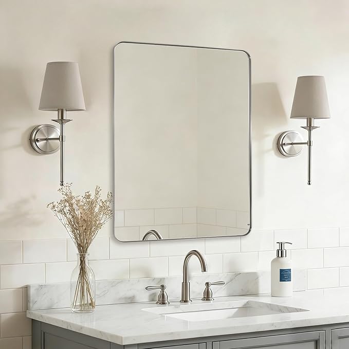 ANDY STAR Brushed Nickel Mirror for Bathroom, 22"x30" Silver Metal Frame Wall Mirror, Rectangular Stainless Steel Rounded Corner