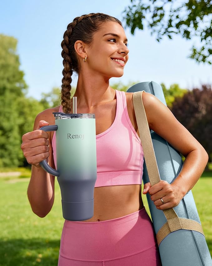 Renoj Tumbler with Handle 100% Leak Proof Insulated Water Bottle for Iced Coffee & Hot Drinks - Fits Car Cup Holder, Ideal Gift, 2 Straws & Silicone Boot BPA-Free - SnapShift Blue Gradient 40 oz