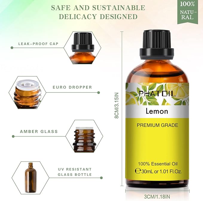 PHATOIL 1.01FL.OZ Lemon Essential Oil, Pure Aromatherapy Essential Oils for Diffuser, Humidifier, Scented Oils for Soap, Candle, Bath Bombs Making(30ML)