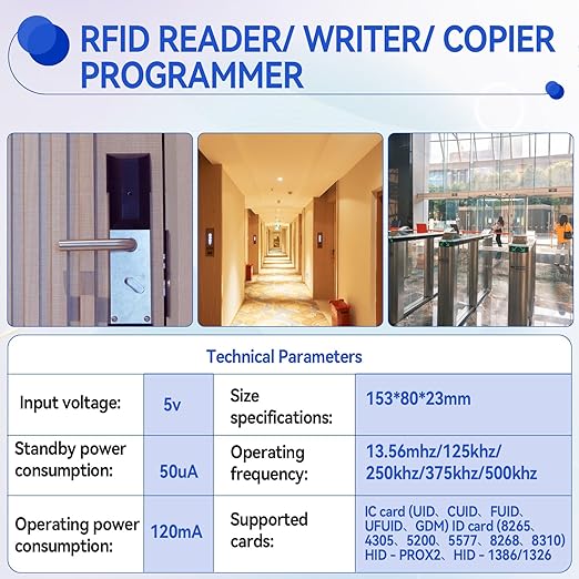 RFID Copier Reader Writer,Multi-Frequency 125kHz 13.56MHz Card Duplicator for Access Control, Home Security & Elevator Cards,Supports IC ID HID UID | Includes Free Software, USB Cable & 15 Blank Cards