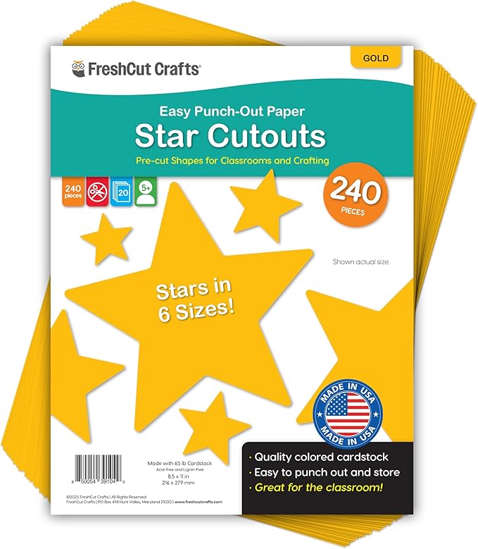 240 Pieces Star Cutouts, 2-Sided US Made Card Stock Punch Out Gold Stars for Bulletin Boards, Classroom Decor, Back to School DIY Craft Projects, Party Decoration, Hollywood Themed Events