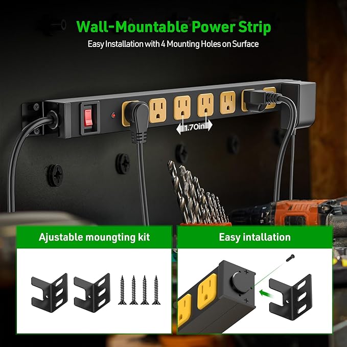 CRST 8 Outlet Heavy Duty 360° Rotating Mountable Power Strip, 2100 Joules Surge Protector Power Strip, 15Amp/1875W Garage Shop Home Power Bar with 6FT 14AWG Cord