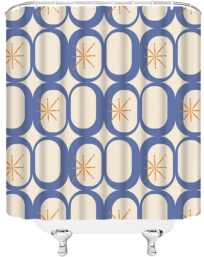 Mid Century Modern Extra Long Shower Curtain Abstract Atomic Geometric Round Squares Retro 50s Blue Fabic with Hooks for Bathroom Decor,70x75 Inch