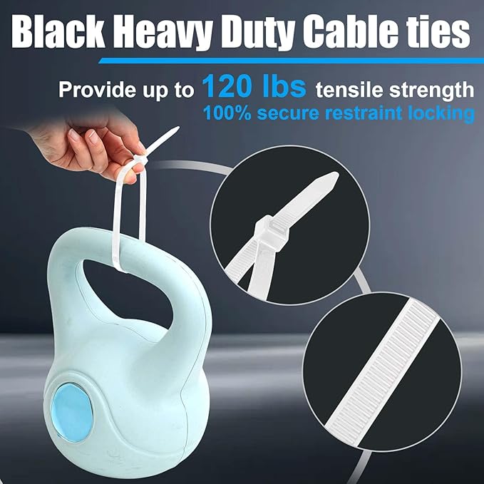 Reallnaive 500 Pcs 12 Inch Zip Ties Heavy Duty 120 Lbs Tensile Strength White Nylon Wire Cable Ties Bulk for Indoor Outdoor