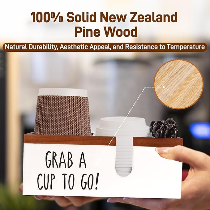 Intarsio 100% Wooden Coffee Cups Holder with U-Shape Cutout Design for Countertop-Coffee Bar Organizer for Cups, Lids, Pods, Stirrers, and Accessories, Great Gift for Home or Office (White)