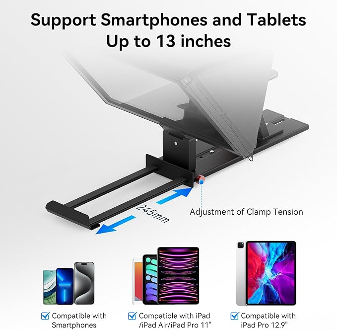 Desview P13 Teleprompter 13 Inch Aluminum Alloy with High Definition Glass, Compatible with iPad Tablet Phone DSLR, Portable No-Assembly Design for Video Recording