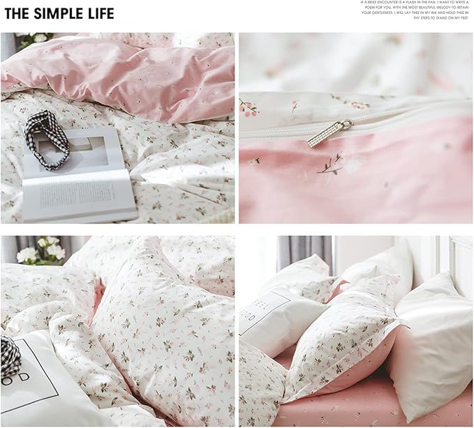 HighBuy Boho Floral Duvet Cover King Pink White Floral Cotton Coquette Bedding Comforter Covers King Lightweight Soft for Girl Garden Style Aesthetic Bedding Set with Zipper Closure