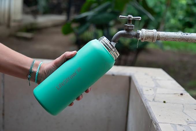 LifeStraw Go Series – Insulated Stainless Steel Water Filter Bottle for Travel and Everyday Use, Removes Bacteria, Parasites and Microplastics, Improves Taste, 24oz Cactus Green