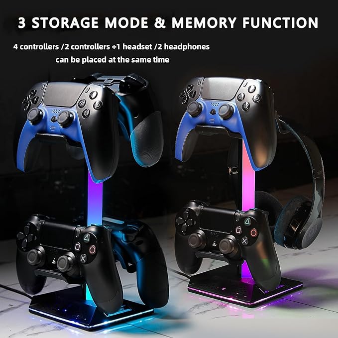 ZNikoyidy Gaming Headphone Stand PC Accessories - RGB Headset Stand with 2 USB Ports,10 Light Modes Headset Holder Suitable for All Earphone Accessories, Gift for Boys Men Gamers