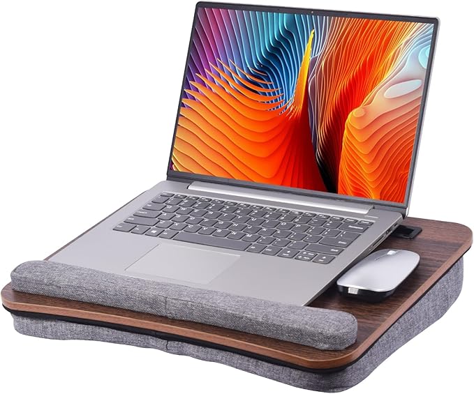 Heyfriday Home Office Lap Desk with Wrist Rest Laptop Bed Desk for Notebook, Laptop, Tablet, Lap Stand with Tablet, Phone Holder Fits Up to 14 Inch Laptops (Brown)