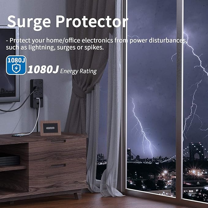 NTONPOWER 25 Ft Extension Cord Flat Plug, Surge Protector Power Strip with 6 Outlets 2 USB, 1875W/15A Circuit Breaker Overload Protection, 1080J, ETL Listed, Wall Mount for Home Office and Workbench