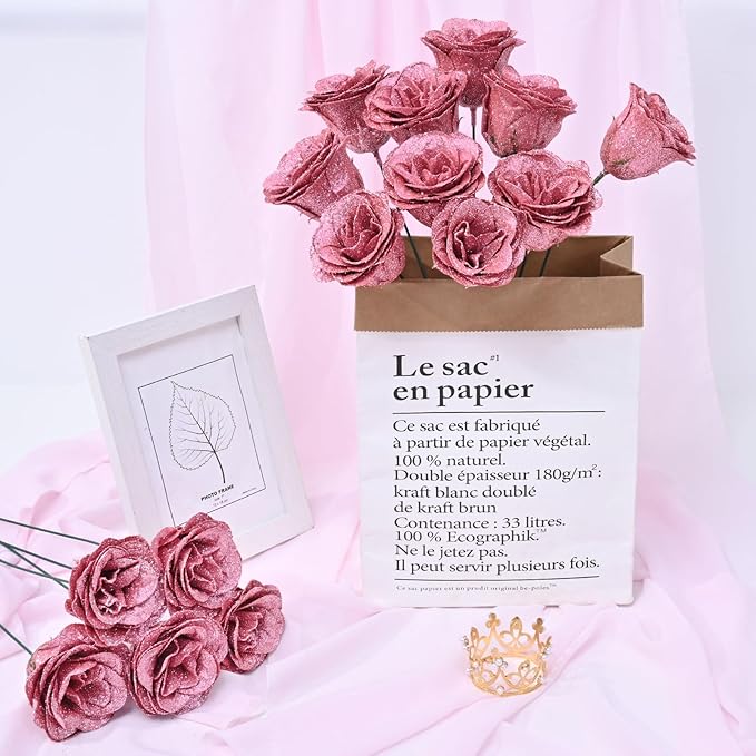 36+20 Glitter Roses Bouquet, DIY Fake Flowers Bouquet, Craft The Initials of Your Loves' Name with Artificial Rose for Valentines, Anniversary, Wedding, Rose Gold & White