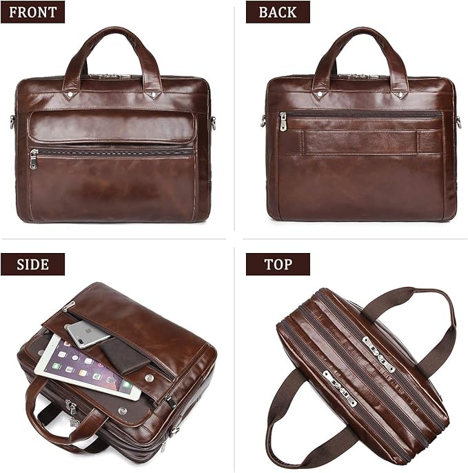 Augus Genuine Leather Mens Briefcase businessTravel Bags 15.6 Inch Laptop Bag YKK Zipper, Coffee