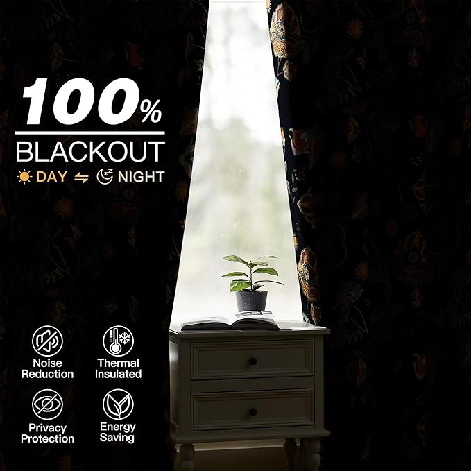 XiDi Floral Blackout Bedroom Curtains 63 Inches Long 2 Panels Room Darkening Thermal Insulated Vintage Mid Century Modern Curtains Patterned Flower Leaf Grommet Drapes for Home Decor 52x63 Navy Blue