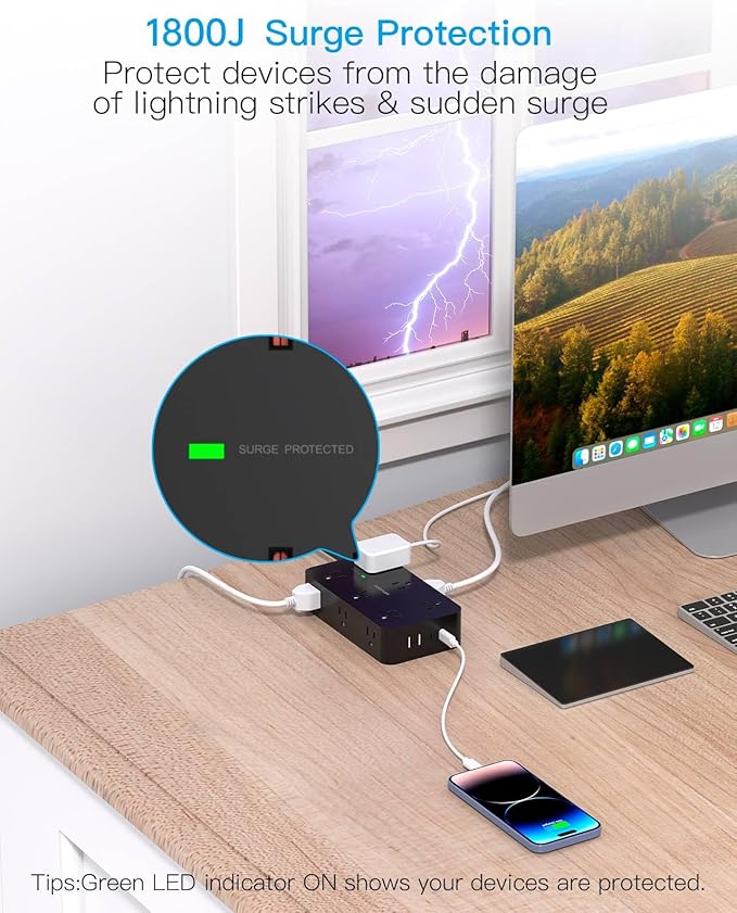 Black Flat Extension Cord 10 Ft, HANYCONY Power Strip Surge Protector with 12 Outlets 4 USB Ports(2 USB C), 1800J, Wall Mount, Desk Charging Station for Office Home College Dorm Room Essentials
