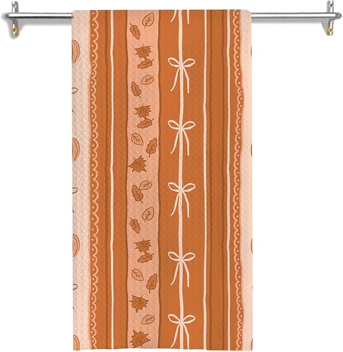 Orange Beige Fall Kitchen Towels, Coquette Bow Autumn Pumpkin Dish Tea Towels for Kitchen Decor, Farmhouse Fall Thanksgiving Decorative Hand Towel for Bathroom, 16x24 Inches