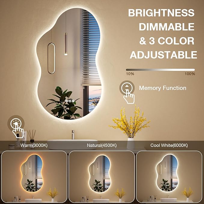 Irregular Cloud Backlit Bathroom Mirror 20x32 Inch, LED Vanity Mirror with Lights Anti-Fog, Dimmable 3 Colors, 4mm Tempered Glass, Horizontal/Vertical Wall Mount for Bathroom or Makeup Area