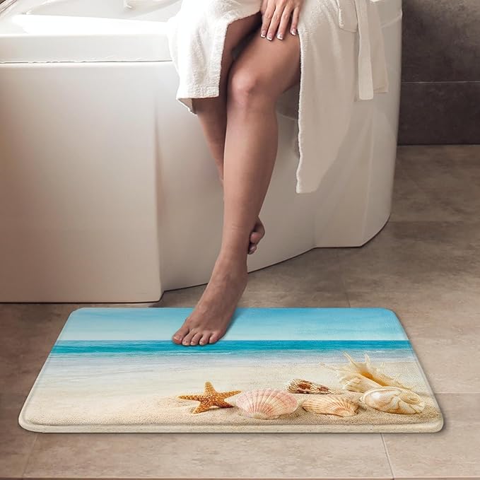 Britimes Bath Mat for Bathroom, Blue Beach Starfish Sea Washable Cover Floor Rug Carpets Floor Mat Bathroom Decorations 20x32 Inches for Kitchen Bedroom Indoor