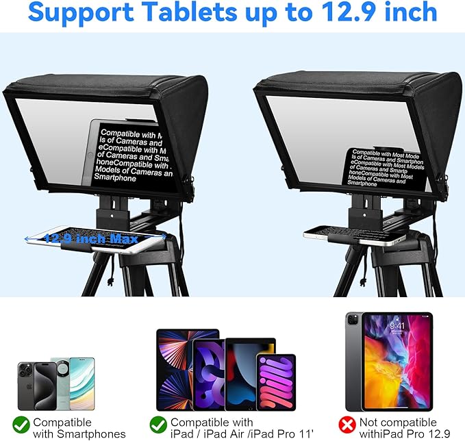 TX12P Teleprompter with Remote App Control, 14inch Metal Teleprompter，Compatible with iPad, Smartphone, DSLR Camera,Collapsible with Carry Case,Easy to Assemble
