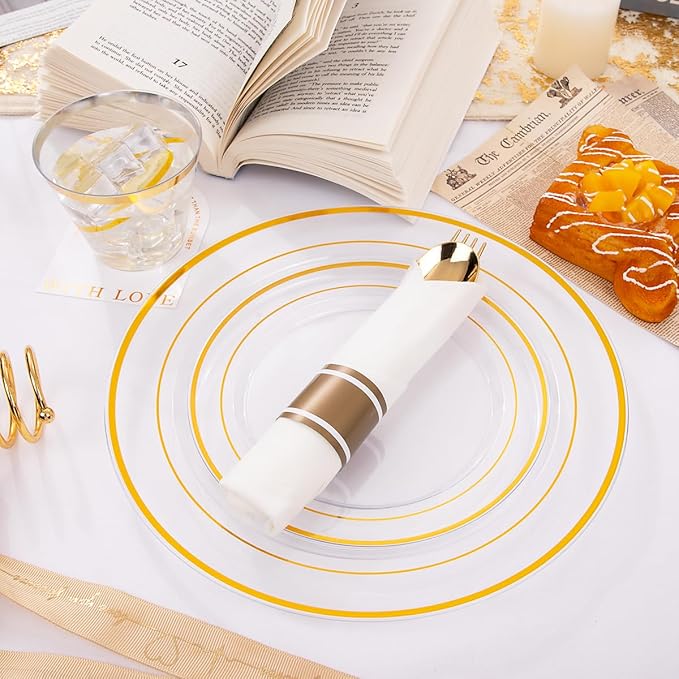 DaYammi 350PCS Clear Gold Plastic Dinnerware Set for 50 Guests, Christmas Plates Disposable, Include: 50 Dinner Plates, 50 Dessert Plates, 50 Pre Rolled Napkins with Gold Silverware, 50 Cups