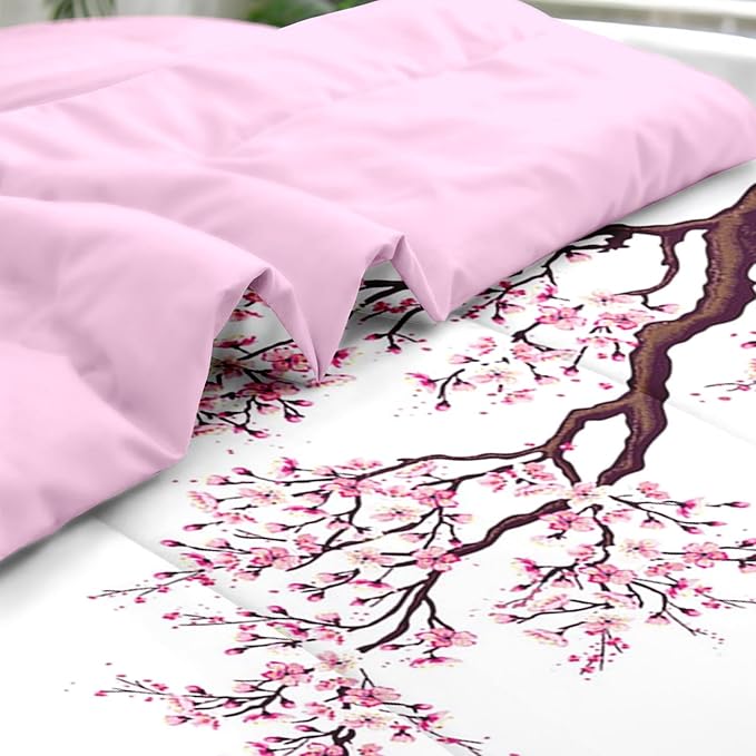 Comforter Set Queen Size, Japanese Cherry Blossom 7 Pcs Bedding for Kids and Adults, Flower Painting Pink Bed Sheet Sets with Fitted Sheet 2 Pillowcase & 2 Sham for Bedroom Bed Decor