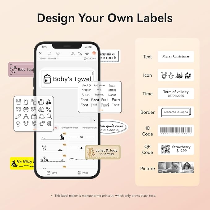 NIIMBOT Label Maker Machine D11 Label Printer Portable Wireless Connection Multiple Templates Available for Phone Easy to Use Office Home Organization USB Rechargeable