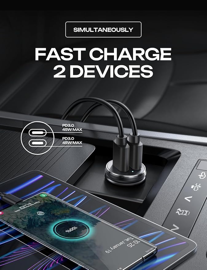 LISEN 90W USB C Car Charger for iPhone 17 Car Charger 45W Fast Charging, 2-Port PD 45W & QC 3.0 Cigarette Lighter USB Charger [All Metal&Mini] for iPhone 17 Air/16/15/14/13 Pro,Samsung Galaxy S26/S25